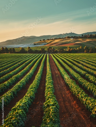 Sunlit rows of green crops stretch across rolling farmland toward distant hills under a warm sunrise sky.