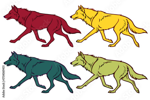 set of Wolf pack running silhouette illustration