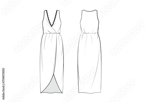Women Lingerie Lace Trims Wrapped Front Slip Dress , Front & Back View, fashion flat sketch, Front & Back View, Editable Flat Technical Drawings Illustration, Dress Mock up