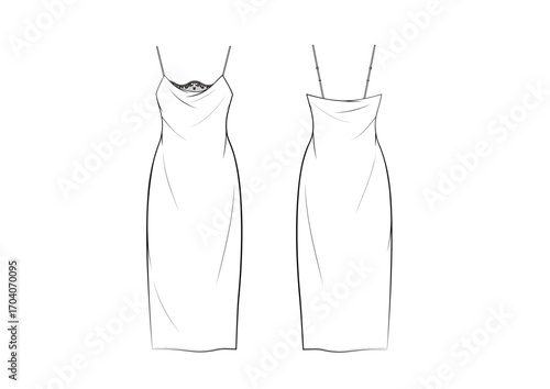 Women Nightwear Drapery Cowl Neck Laced Slip Dress Evening Dress , Front & Back View, fashion flat sketch, Front & Back View, Editable Flat Technical Drawings Illustration, Dress Mock up