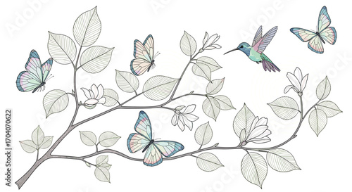 Delicate watercolor butterflies and a hummingbird flutter among the delicate leaves of a flowering branch.
