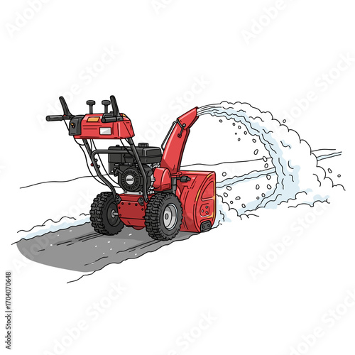 Red snow blower clearing driveway on winter day illustration