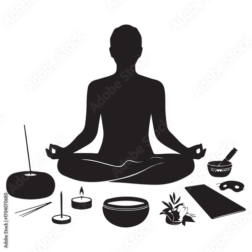 Silhouette of a person meditating with various spiritual and wellness items arranged around them in a peaceful setting