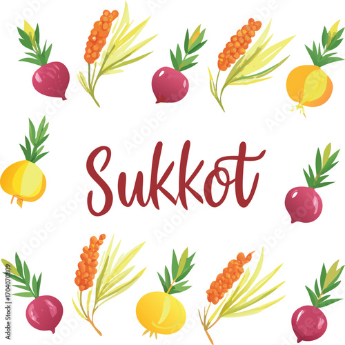 Sukkot greeting card festive design with traditional symbols and lettering for jewish holiday celebration, featuring etrog, lulav, hadas and aravah