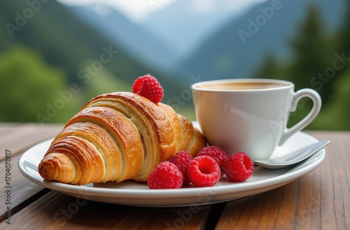 Romantic breakfast of croissants and coffee in the mountains at dawn. raspberry on top of the croissant. Coffee in a cup. Atmospheric