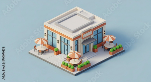 Isometric view of a charming cafe building, complete with outdoor seating, umbrellas, and lush greenery, creating a cozy and inviting atmosphere