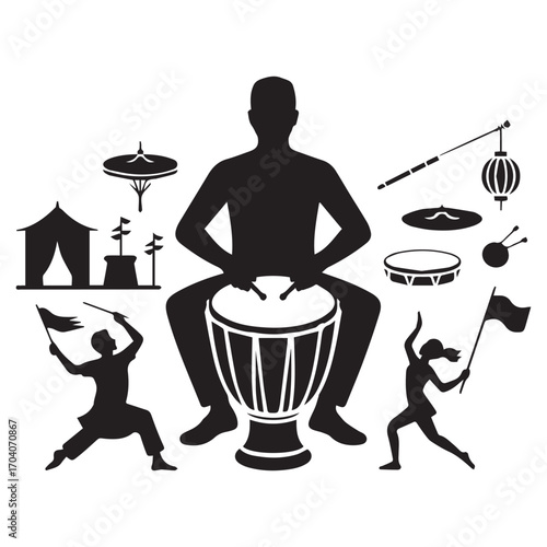 Silhouette of a person playing a djembe drum surrounded by various musical instruments and celebratory figures with flags