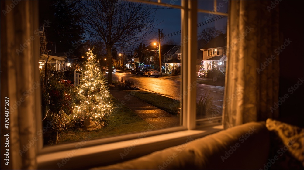Obraz premium View of dark quiet street from living room window, room inside reflected in glass with few lights from Christmas tree. Transition from Thanksgiving to next holiday.