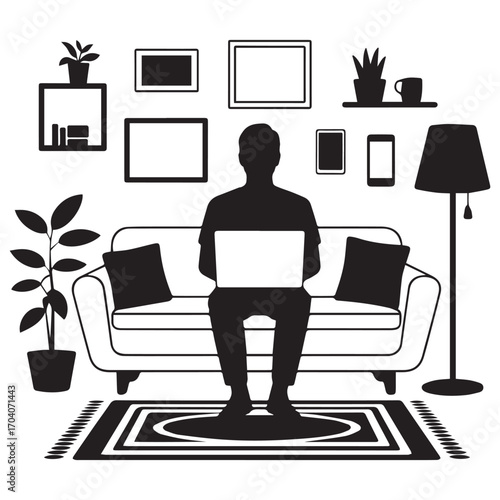 Silhouette of a person sitting on a couch with a laptop in a cozy living room at home