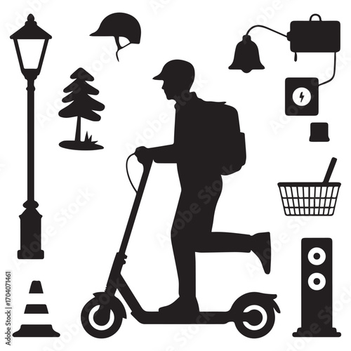 Silhouette of a person riding an electric scooter with a backpack alongside various urban and outdoor elements on a white background