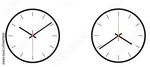 Two circular clocks with black borders and hands on a white background showing different times of day