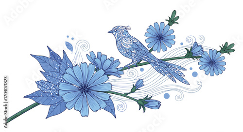 A delicate blue bird perched on a blooming chicory branch with intricate floral details.