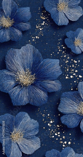 Delicate blue flowers, gold glitter, dark background