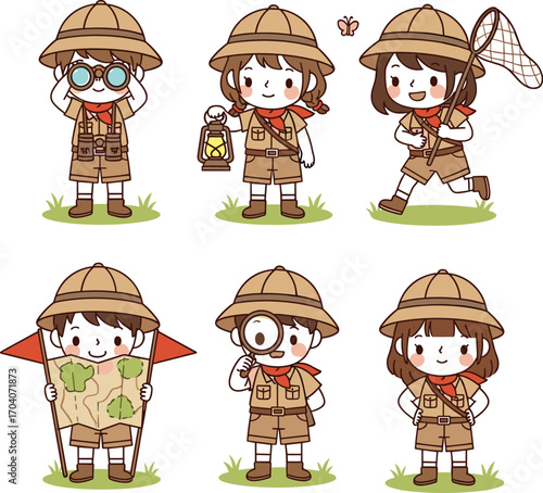 cartoon explorer, safari child, adventure gear, explorer outfit, scout character, nature theme, vector illustration, kids activity, map reading, lantern holder, butterfly net, magnifying glass, explor
