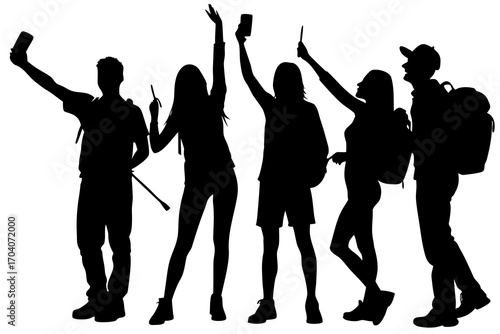 set of tourist taking selfie silhouette vector isolated on white background