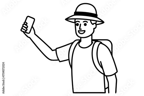 line art tourist taking selfie silhouette vector isolated on white background