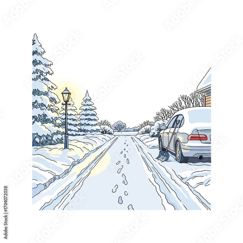Snowy winter road with parked car, footprints, and sunrise