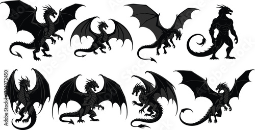 dragon silhouette, fantasy creature, black vector, mythical beast, winged dragon, flying pose, dragon design, character art, creature icon, dragon form, vector illustration, monster shape, horned drag
