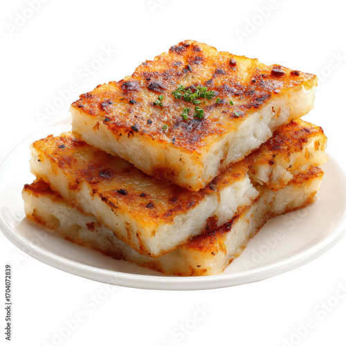 Delicious Pan-Fried Turnip Cake Slice with Crispy Edges isolated [Transparent Background PNG].