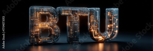Glowing BTU symbol illuminated by intricate circuitry in a dark setting