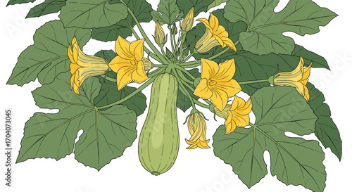 An illustration of a green squash plant with yellow flowers and a developing fruit.