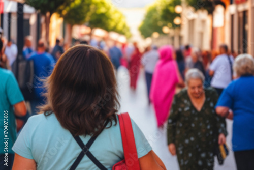 blurred for background. Crowd of people on the street. people walking on the city street. A blurry people walking. Urban, social concept. Abstract urban background with blurred buildings and street.