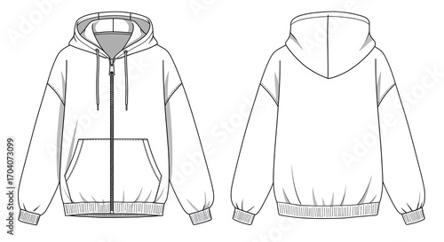 White Hooded Jacket Mockup: Front and Back Views on Transparent Background, Perfect for Branding and Design Projects, Apparel Template, Vector
