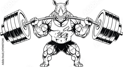 muscular rhino, barbell squat, gym animal, fitness vector, cartoon workout, strong character, bodybuilding art, animal strength, workout pose, gym illustration, black vector, white drawing, power lift