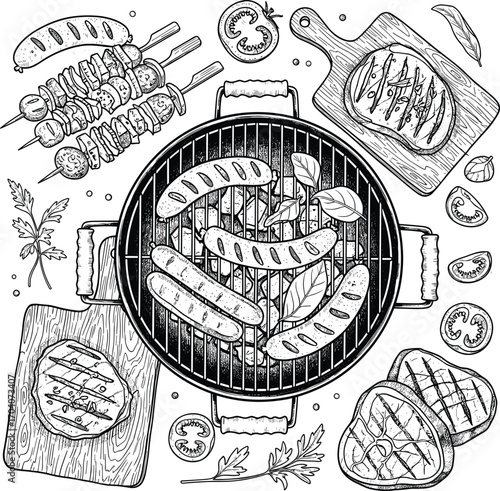 barbecue scene, grill illustration, black vector, white drawing, grilled food, meat skewer, summer cooking, food design, culinary art, sausage grill, steak board, herb garnish, tomato slice, mushroom 
