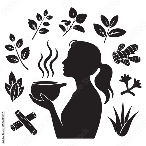 Silhouette of a woman inhaling steam from a bowl surrounded by various medicinal herbs and spices symbolizing natural healing and aromatherapy