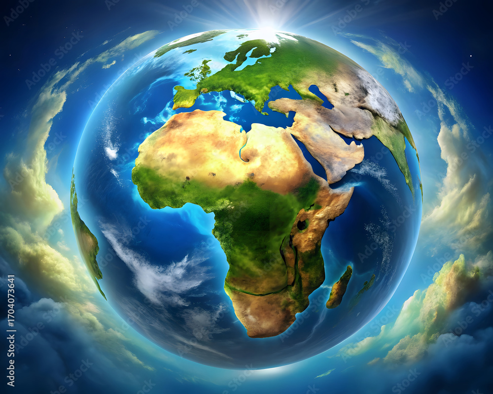 Fototapeta premium A stylized globe featuring africa and europe surrounded by clouds with a bright sun flare