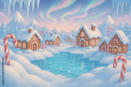 winter village, gingerbread houses, candy cane, snow,