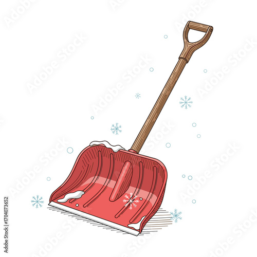 Red snow shovel illustration with wooden handle and snowflakes
