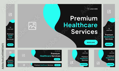 Digital healthcare services web set banner design for social media post, modern medical services web bundle banner design, fully customizable vector eps 10 file format