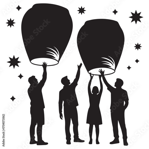 Silhouette of four diverse people releasing glowing sky lanterns into a starry night sky during a celebration or festival