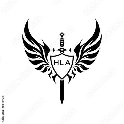 HLA  "Warrior Shield and Sword Emblem with Wings Logo," HLA Later Logo,  "Black Tribal Winged Sword Crest Vector," 
