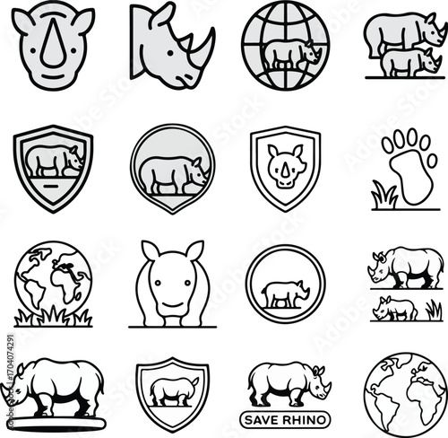 Rhino conservation icons set in hand-drawn illustrations with endangered wildlife protection and save-rhino symbols