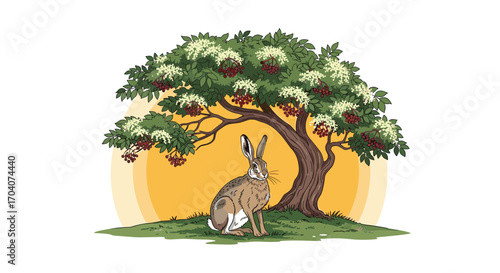A wild hare sits serenely beneath the shade of a vibrant fruiting tree with a warm sunlit horizon.