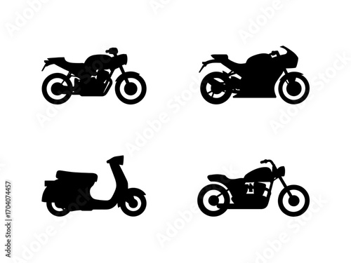 Collection of Motorcycle Silhouettes Modern and Classic Designs Including Cafe Racer Scooter and Cruiser Style Bikes Against White Background