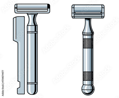 Two safety razors one with a guard shown on a white background in a vector style illustration