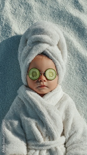 Baby relaxing in a spa-like setting with cucumber slices and a towel wrap on a sunny day