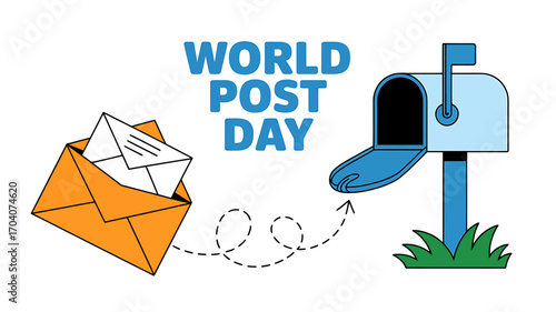 Celebrating World Post Day with an orange envelope and a blue mailbox illustration perfect for greeting cards and social media posts