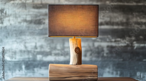 Modern rustic wooden table lamp with fabric shade on wooden surface