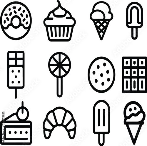 Minimalist sweet treats icon set in hand-drawn illustrations with donut, cupcake, ice cream, and dessert