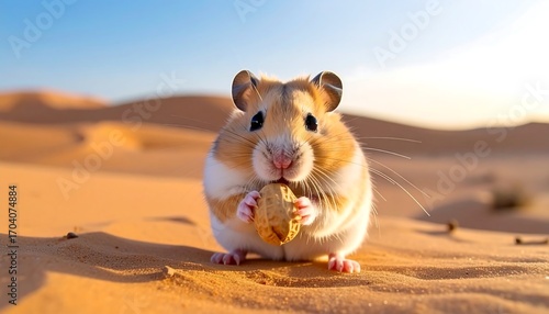 Fototapeta Naklejka Na Ścianę i Meble -  Cute hamster eating nut in desert