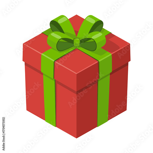 Isolated Red Gift Box with Green Ribbon and Bow Perfect for Christmas or Birthday Celebrations and Festive Occasions