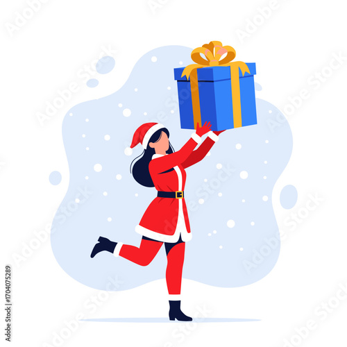 Woman in Santa Costume Holding a Large Gift Box.