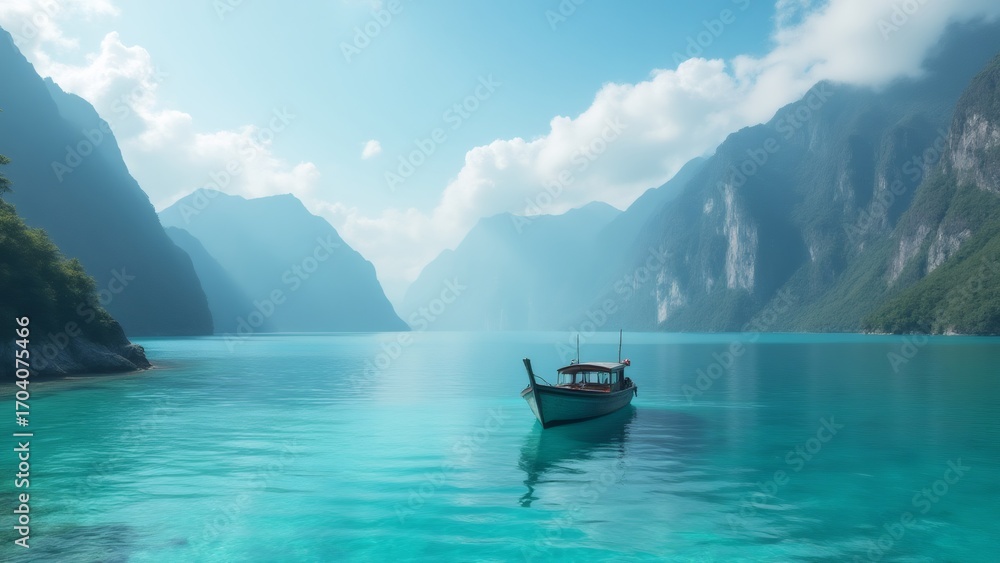 Obraz premium Serene Boat Anchored in Turquoise Waters Surrounded by Towering Mountains
