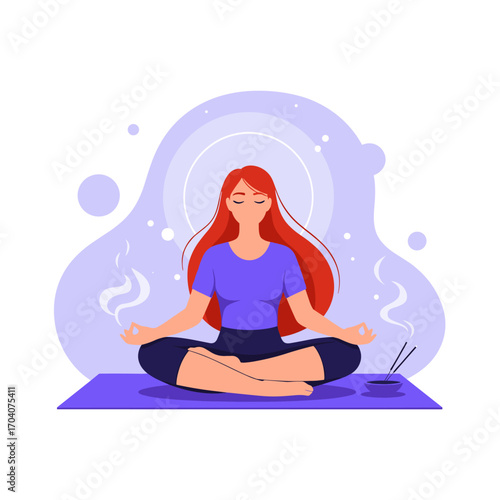 Woman meditating peacefully on a yoga mat with incense.