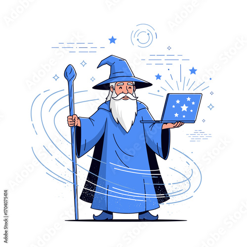 Wizard Holding Laptop and Staff with Magical Aura.